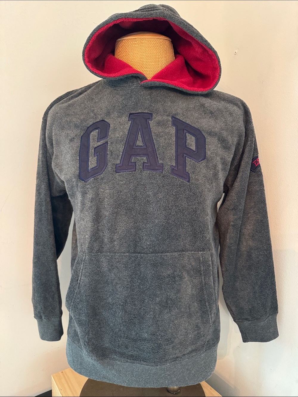 GAP Men’s Charcoal Crewneck Hoodie with Red Hood Lining